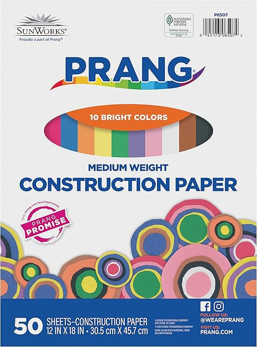 Prang (Formerly SunWorks) Construction Paper, 10 Assorted Colors, 12" x 18", 50 Sheets | Amazon (US)