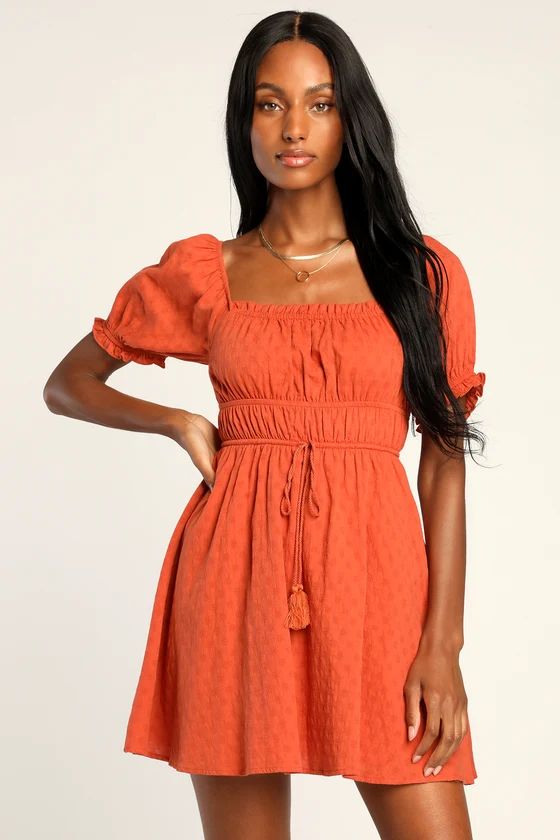 Sweetest Sentiments Orange Textured Puff Sleeve Mini Dress | Lulus (US)