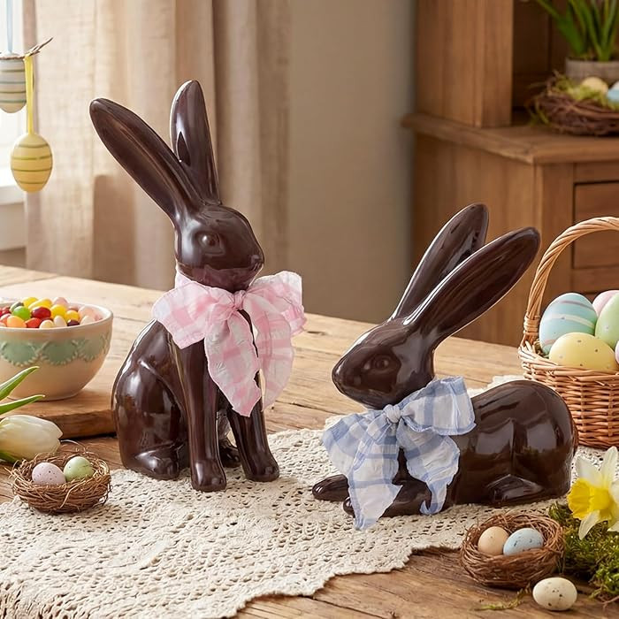 2 Pcs Ceramic Chocolate Easter Bunny Figurines with Bows for Spring Home Decor, Easter Table Deco... | Amazon (US)
