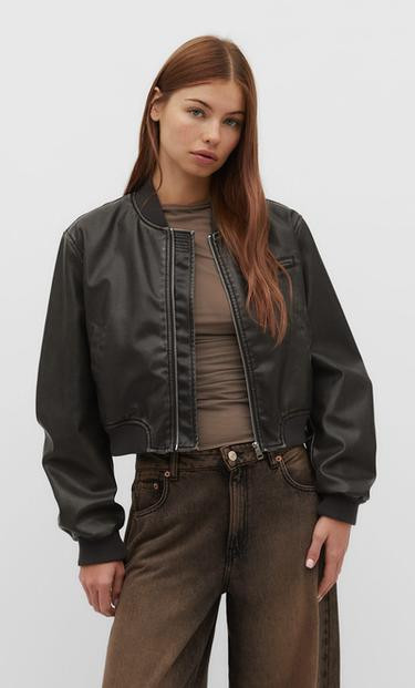 Faux leather bomber jacket - Women's fashion | Stradivarius United Kingdom | Stradivarius (UK)