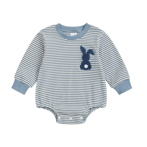 Lenjindjer Baby Girl Boy Easter Outfits Waffle Carrot/bunny Embroidery Long Sleeve Bubble Romper Infant Spring Bodysuit Tops (Blue, 6-12 Months) | Amazon (US)