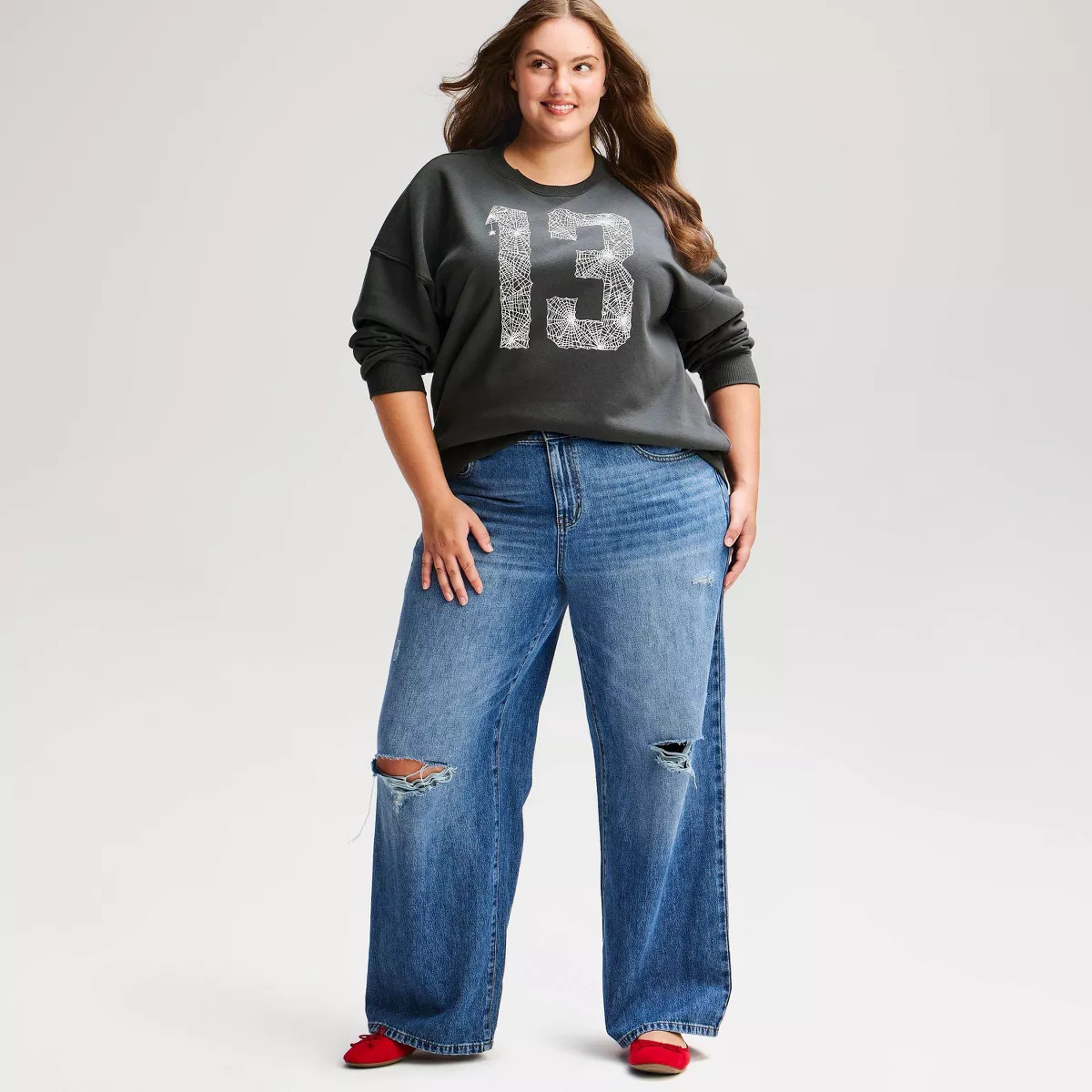 Women's 13 Spiderweb Fleece Crewneck Graphic Pullover Sweatshirt - Charcoal Gray XL | Target
