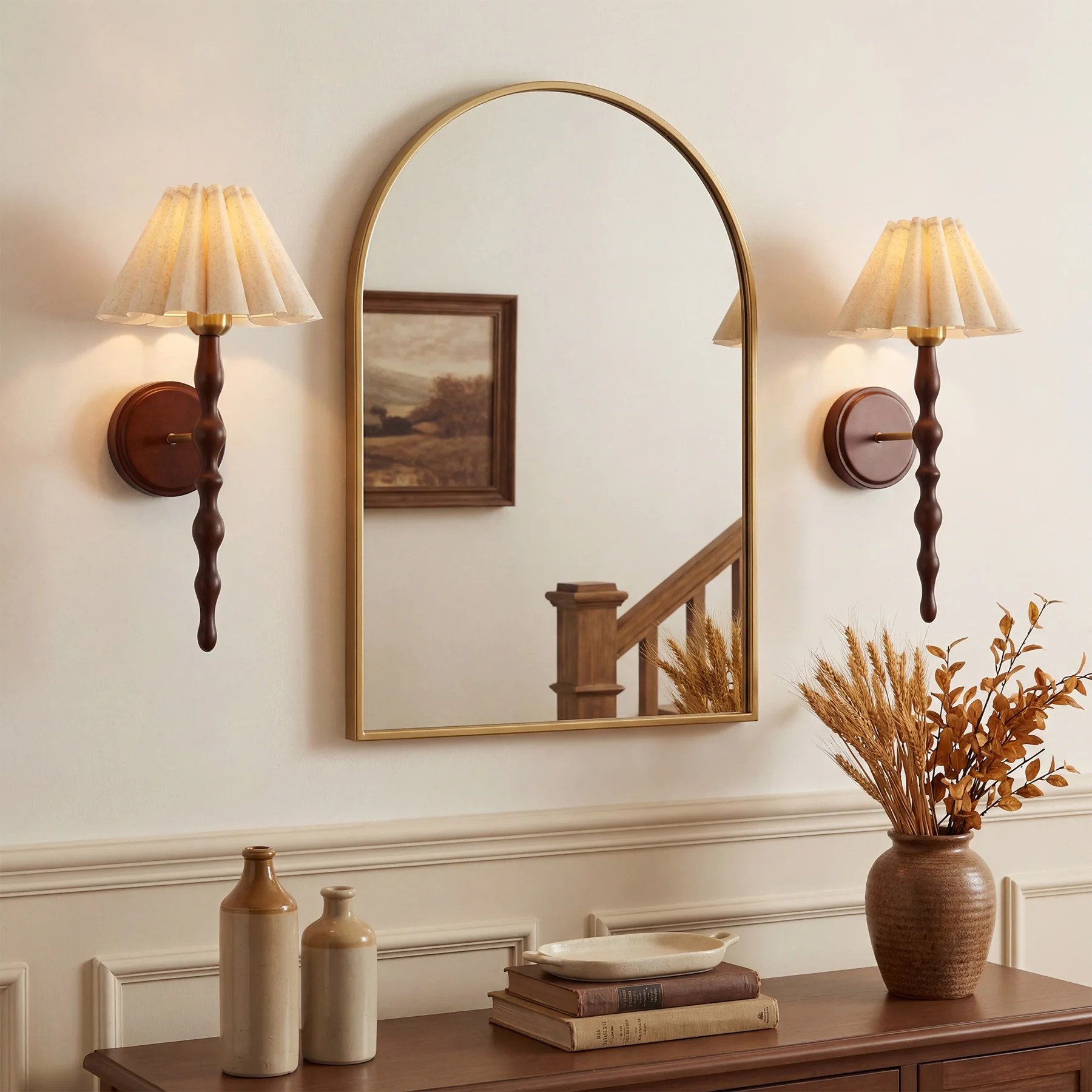 Set of 2 Vintage 1-Light Wall Sconces with Faux Wood Metal Arm and Linen Fabric Shade - Walnut | Overstock