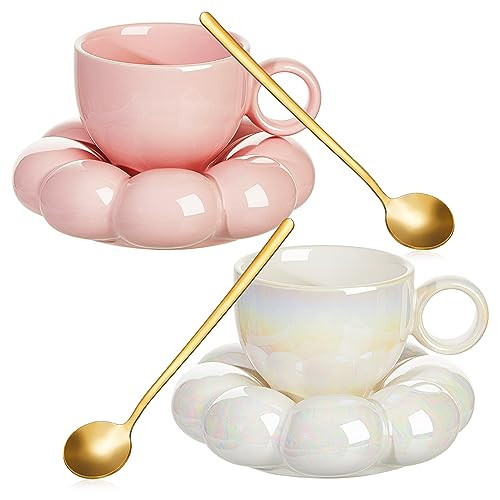 Tessco 2 Pieces Ceramic Coffee Cloud Mug Cup with Saucer, 7oz Cute Ceramic Mug with Coaster Set for Women Gift Home Office Tea Latte Milk Holiday, Pink and Pearl White(Sunflower) | Amazon (US)