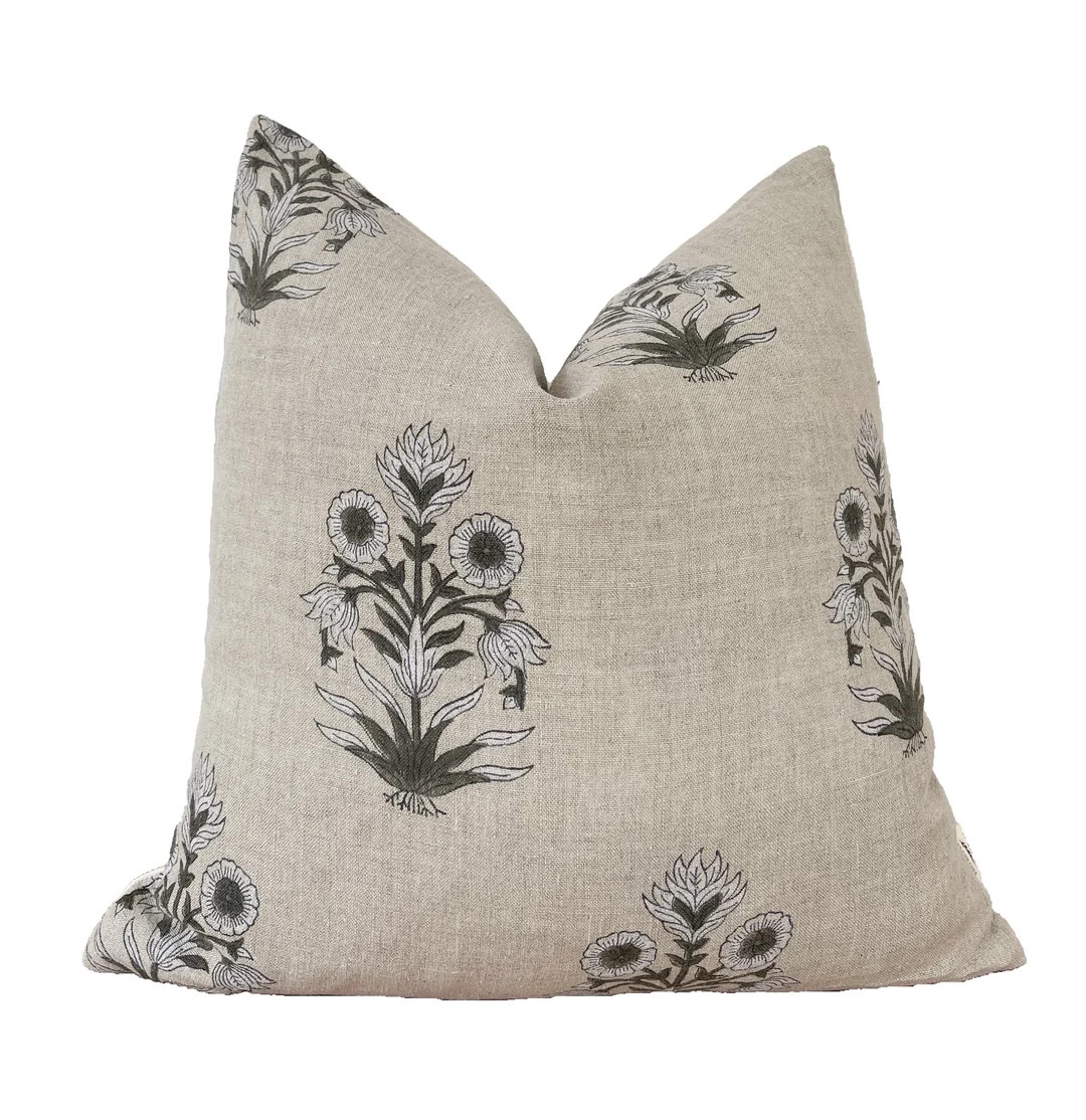 Block print pillow cover.Green floral pillow cover, natural color back 20x20” | Etsy (US)