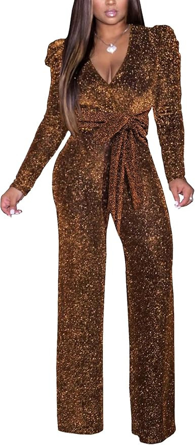 Women's Sparkly Jumpsuits Sexy Long Sleeve Cocktail Elegant Mock Neck Bodycon Straight Long Pants... | Amazon (US)