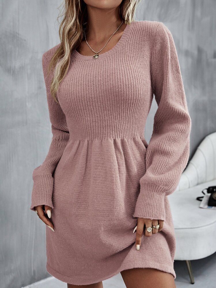 Ribbed Knit Lantern Sleeve Sweater Dress | SHEIN