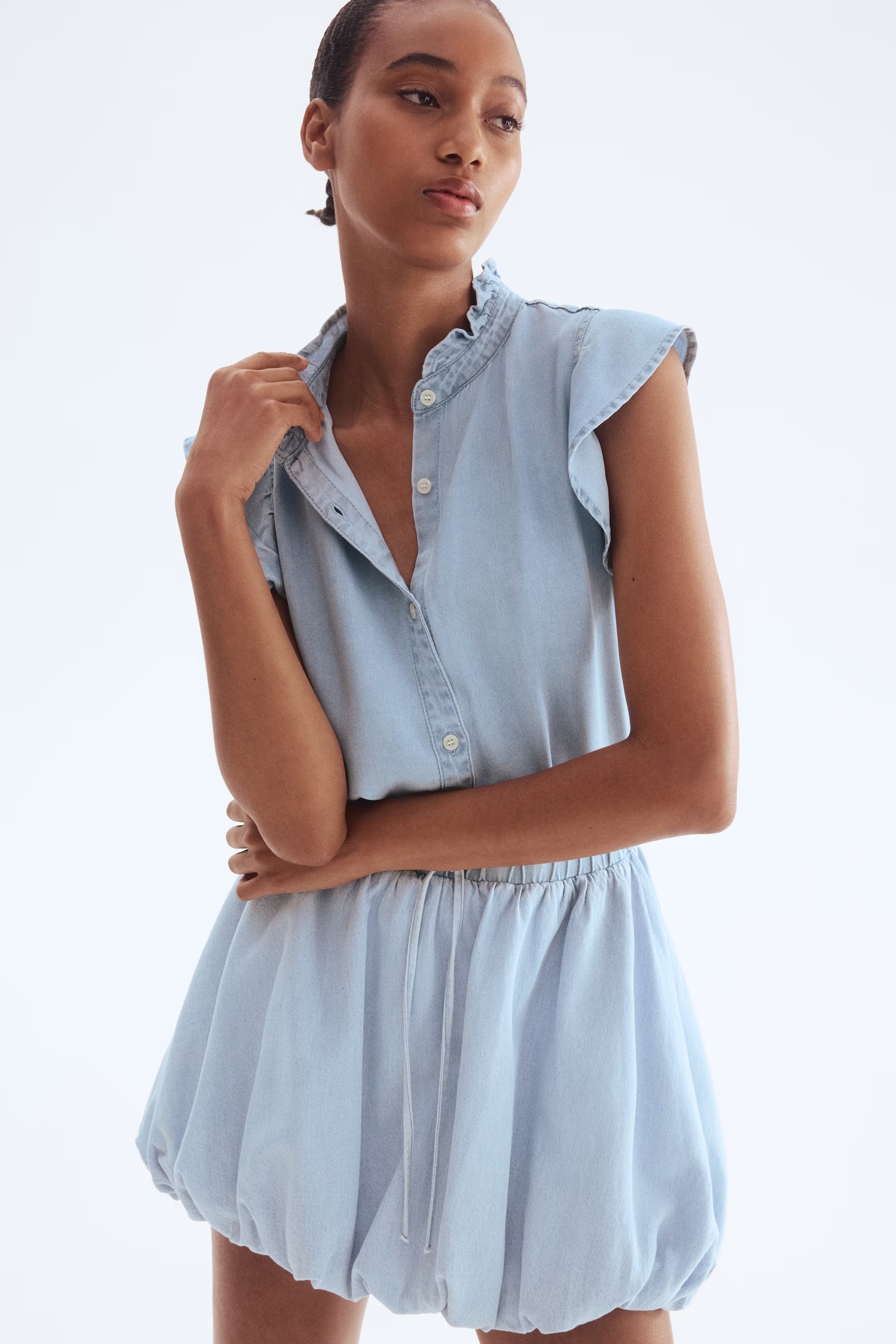 Frill-trimmed denim blouse | H&M (UK, MY, IN, SG, PH, TW, HK)