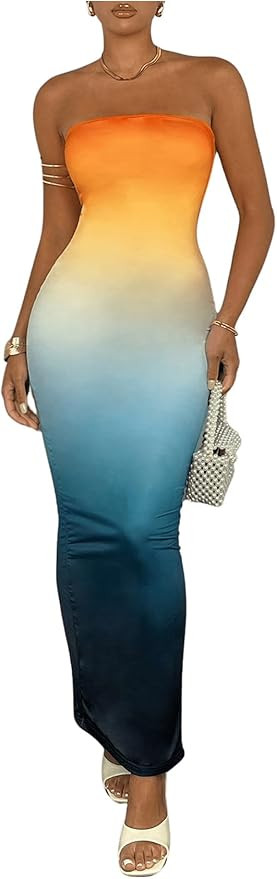 GORGLITTER Women's Strapless Maxi Dress Vacation Party Wedding Guest Cocktail Ombre Tube Long Bod... | Amazon (US)