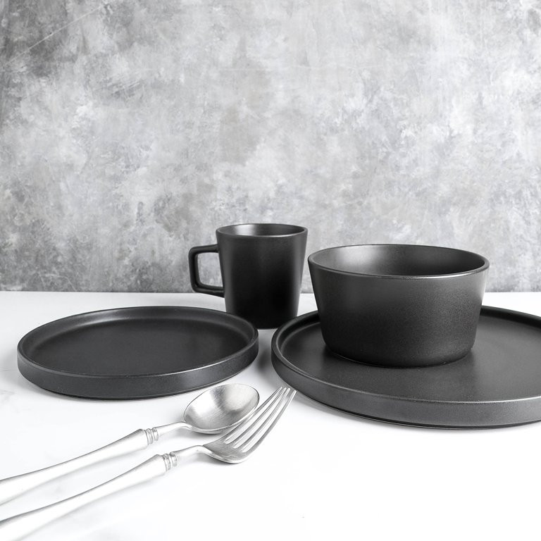 Stone Lain Celina 16-Piece Stoneware Round Dinnerware Set, Service for 4, Black Matte - Walmart.c... | Walmart (US)