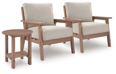 Cliffs Beach 2 Outdoor Lounge Chairs with End Table, Driftwood | Ashley Homestore
