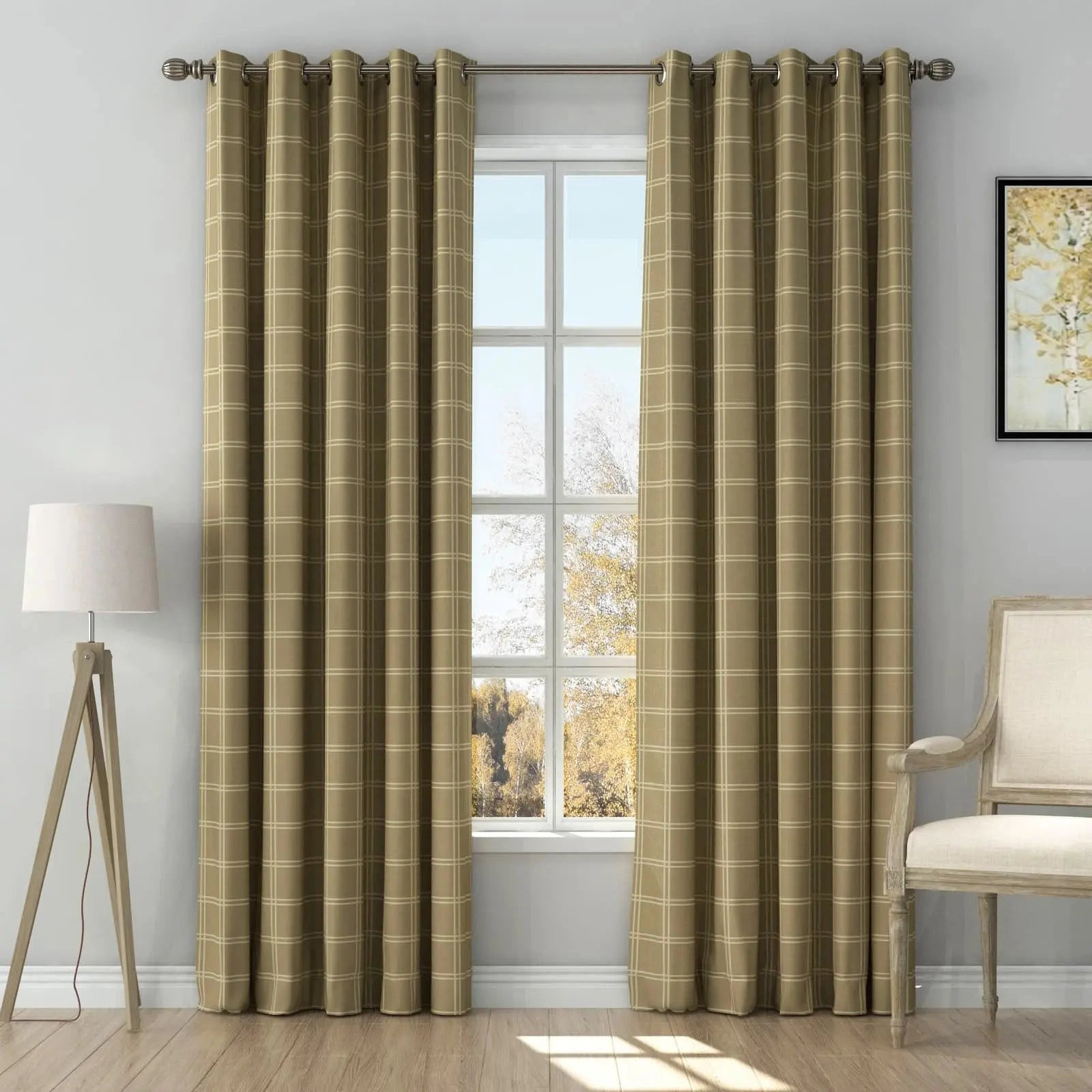 Stefana Silber Print Linen Curtain Drapery Grommet - Double Windowpane taupe khaki DW84 | TWOPAGES