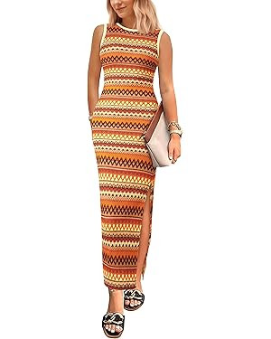 PRETTYGARDEN Womens Summer Sleeveless Tank Dress Crew Neck Striped Side Slit Bodycon Casual Maxi ... | Amazon (US)