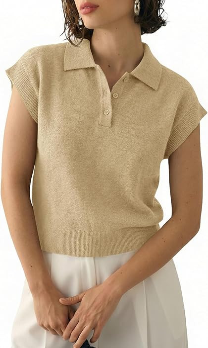 Saodimallsu Womens Cap Short Sleeve Sweater Top Summer Polo Shirts Button Collared Knit Business ... | Amazon (US)