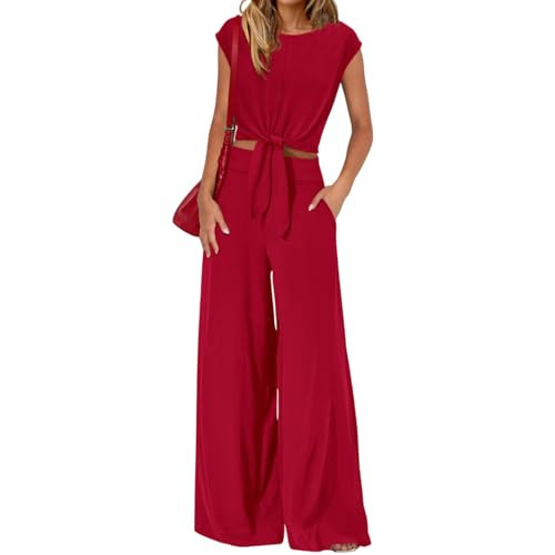 Women 2 Piece Lounge Sets Summer Outfits Cap Sleeve Strappy Crop Tops Palazzo Wide Leg Pant Tracksuits Pantsuits Red | Amazon (US)