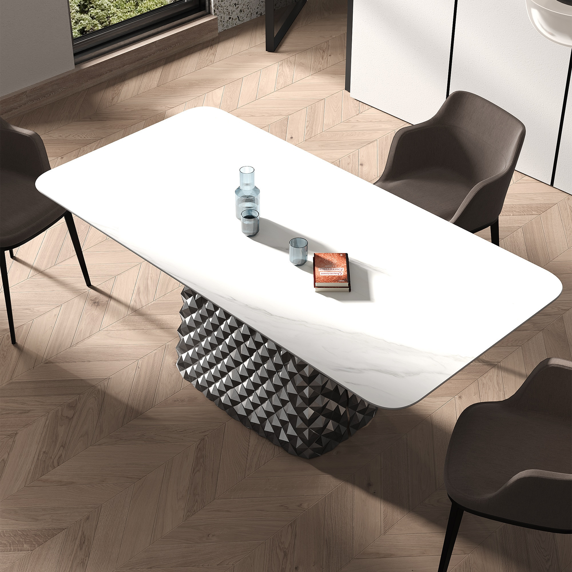 Lowe's White Contemporary/Modern Marble Dining Table, with Silver Finish and Metal Pedestal Base 55.12-in L x 29.53-in H Stainless Steel Large | Lowe's