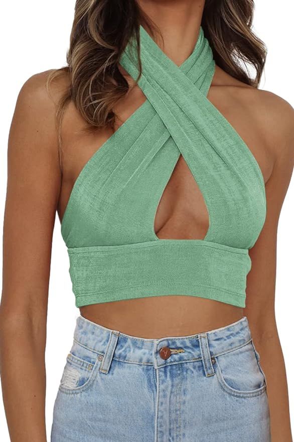 Dealmore Women's Summer Crop Top Halter Neck Criss Cross Sexy Y2k Tops Backless Cami Tank | Amazon (US)