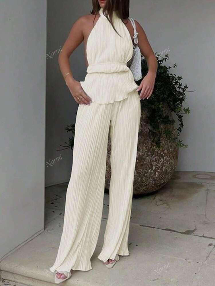 Women Pleated Backless Sleeveless Crop Top And Wide Leg Pants Set, Solid Color Sexy Summer | SHEIN