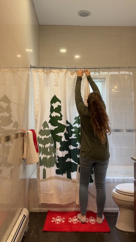 Christmas Bathroom Decor.
Shower curtain, hand towels, rugs, wreath, soap dispenser.

#LTKHoliday #LTKhome #LTKVideo