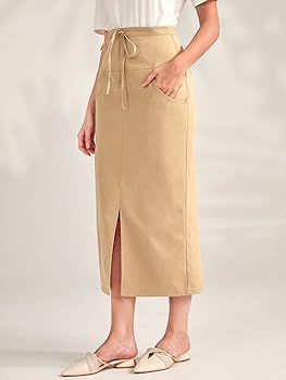WDIRARA Women's Drawstring High Waisted Tie Front Split Hem Solid Pencil Long Skirt | Amazon (US)