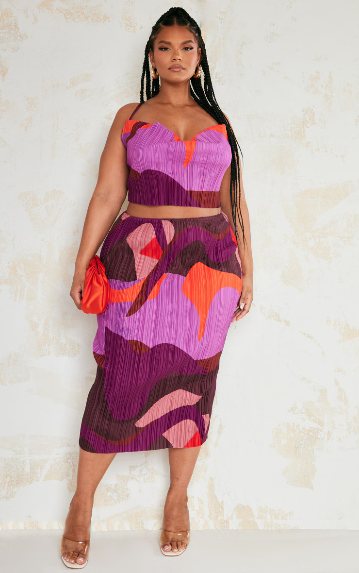 Plus Pink Print Plisse Strappy Cowl Neck Top | PrettyLittleThing US