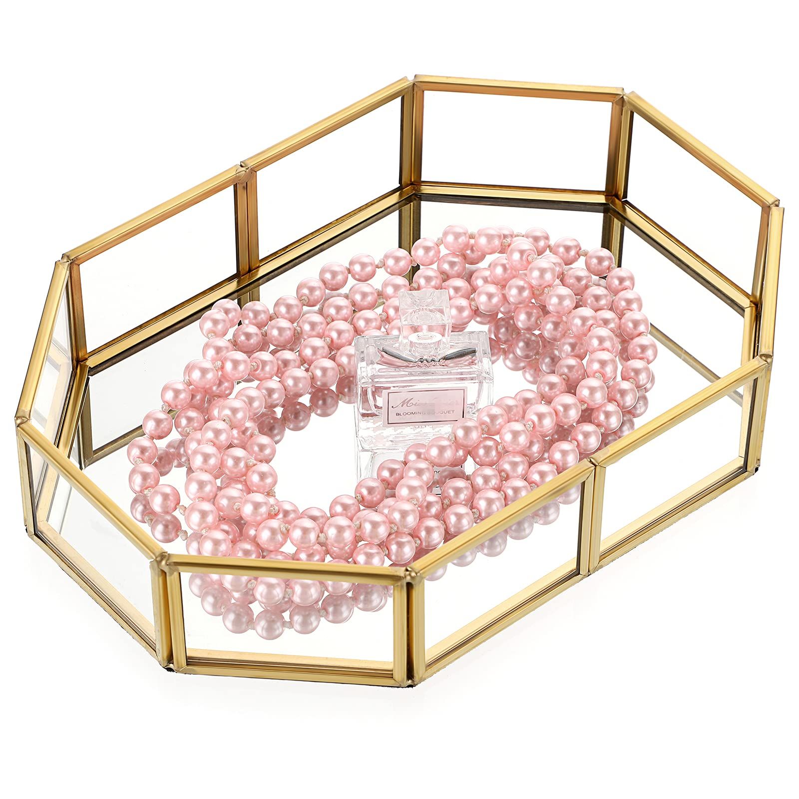 Hipiwe Mirror Glass Vanity Tray - Gold Ornate Makeup Tray Vintage Octagonal Perfume Tray Dresser ... | Amazon (US)