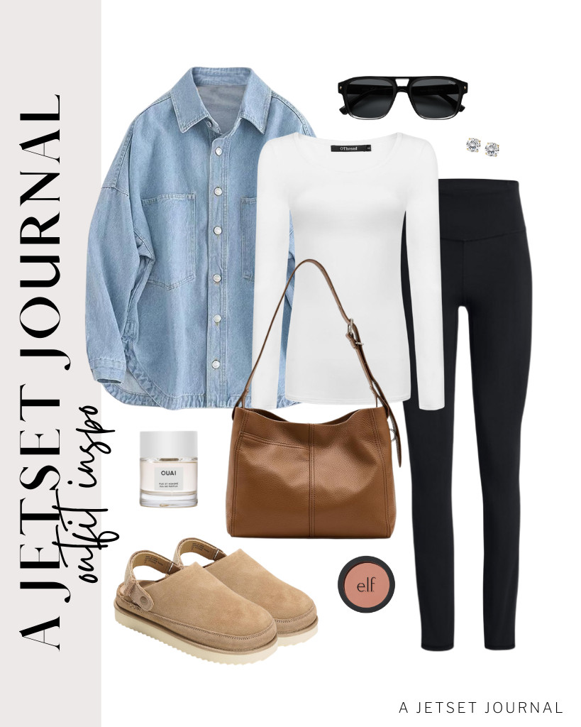 To start your first outfit, pair these high-waisted leggings with a white OThread & Co. long-sleeve shirt, then layer with a LifeShe denim jacket. This cool outfit goes well with these Project Cloud leather mules and a matching leather shoulder bag. Complete this look with Kainier stud earrings and a spray of OUAI Rue St. Honore perfume. 

 #LTKSeasonal #LTKSaleAlert #LTKTravel