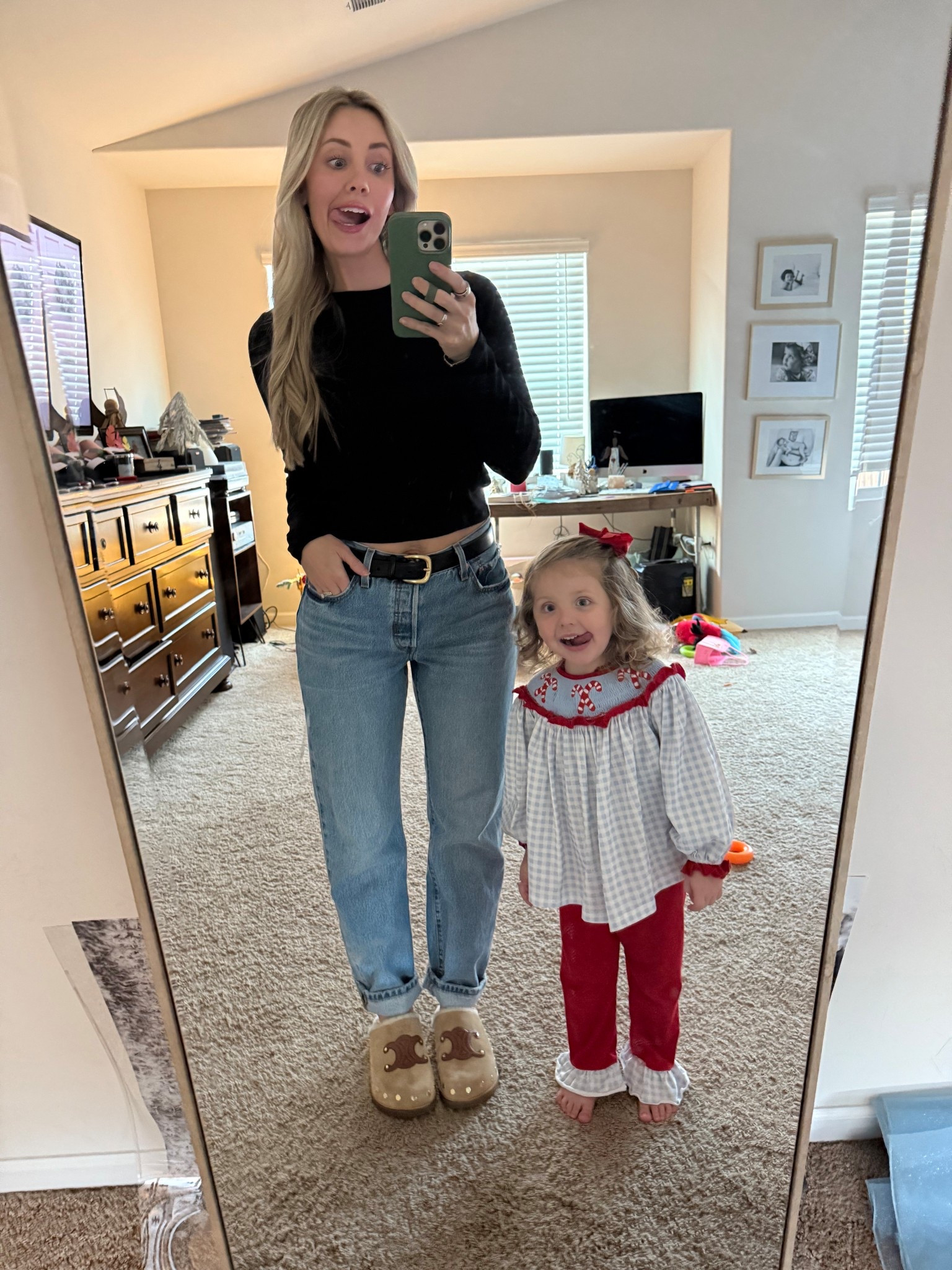 Gap cropped long sleeve in M 
Levi jeans in size 28. I’m in between a 27 and 28 and went with the 28 but need a belt! Color is: in love with you 
Shoes were a Christmas present, but mostly sold out. Brand is Celine. 

#LTKHoliday #LTKootd #LTKSeasonal