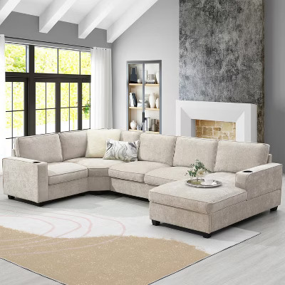 119"W U-Shaped Sectional Sofa, 6-Seat Chenille Couch Set with Oversized Chaise Lounge, Deep Seat Comfy Sofa with Cup Holders, Beige -ModernLuxe | Target