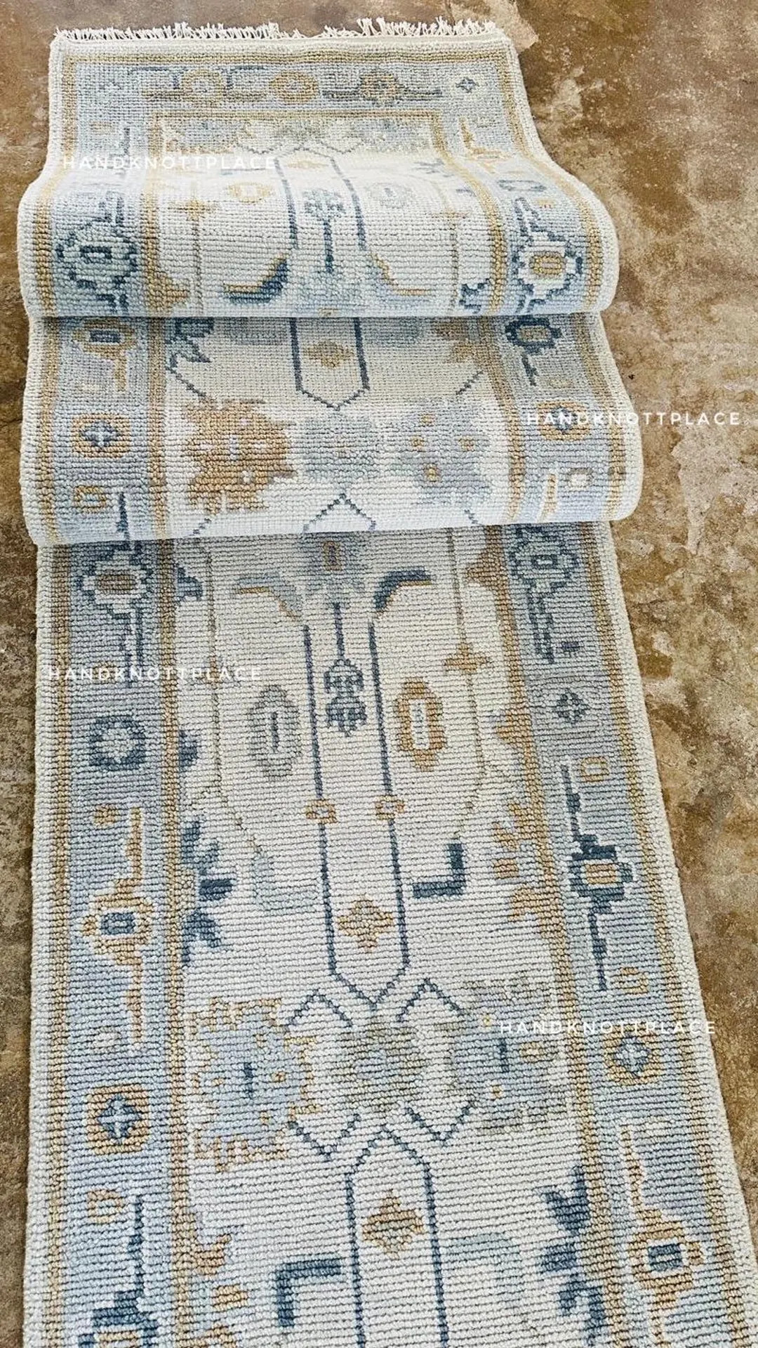 Soft Blue Beige Turkish Wool Rug Hand Knotted Oushak Runner Rug 2x14/3x10/2x7 Vintage Style Neutr... | Etsy (US)