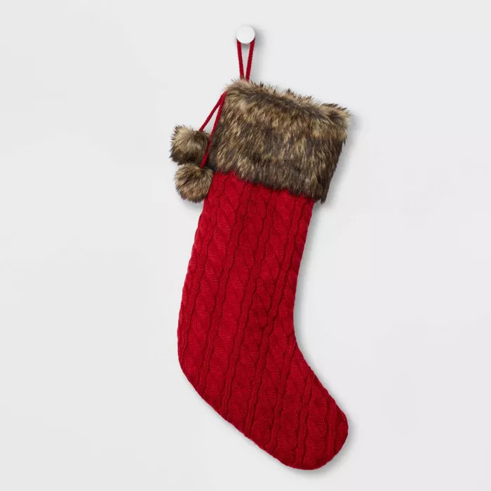 Cable Knit Christmas Stocking with Faux Fur Cuff & Pom Poms Red - Wondershop™ | Target