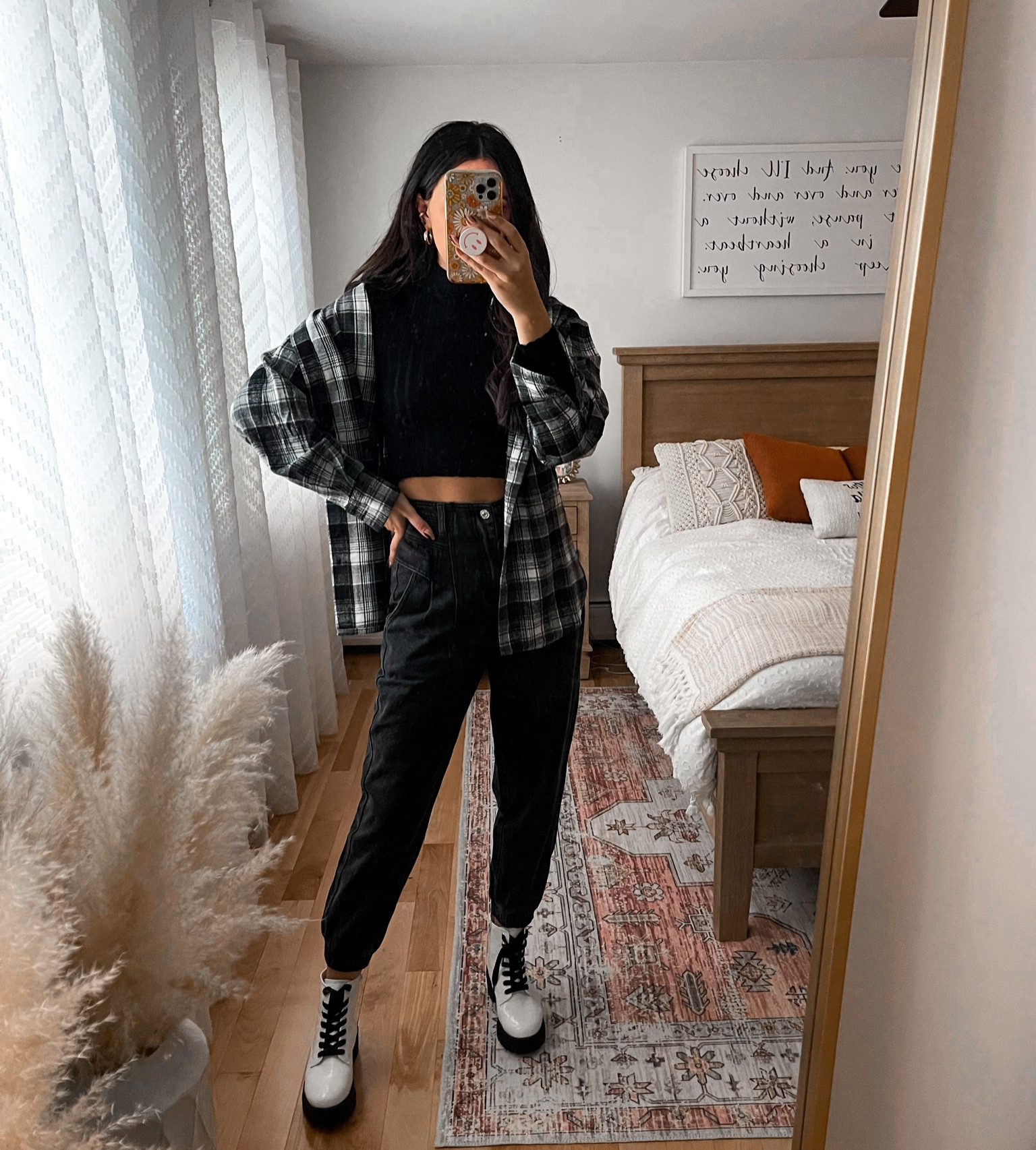 Edgy street style— black denim joggers (size 26) plaid flannel (small), black knit crop top sweater (small) 

#LTKunder50 #LTKSeasonal #LTKshoecrush