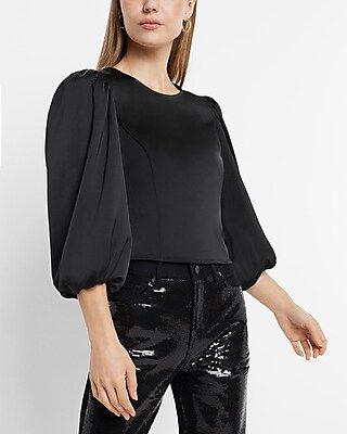 Satin Crew Neck Puff Sleeve Top | Express