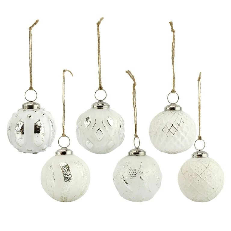 Farmhouse Ball Christmas Tree Ornaments (Set of 6, White); Distressed Metal, Rustic Vintage Style | Walmart (US)
