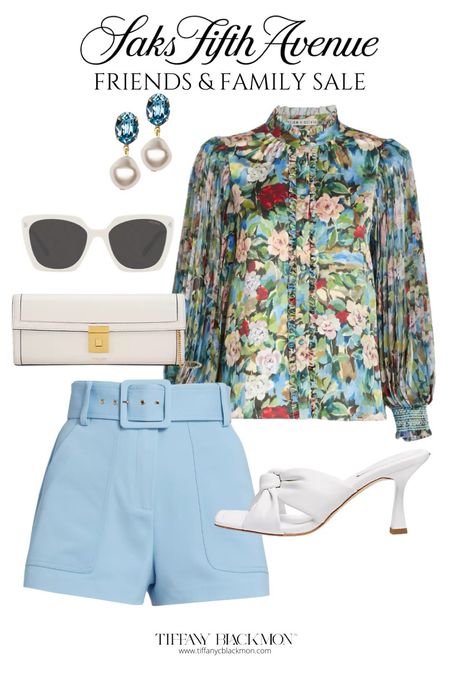 Styling pieces from the Saks Fifth Avenue Friends and Family Sale! So many fabulous spring clothing and accessories at a reduced price! This patterned blouse and blue tailored shorts look is the perfect spring outfit! 

#LTKstyletip #LTKsalealert #LTKSeasonal