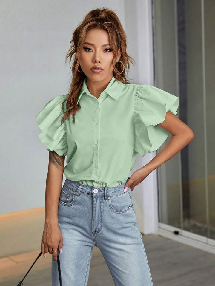 SHEIN Privé Solid Butterfly Sleeve Button Front Shirt | SHEIN