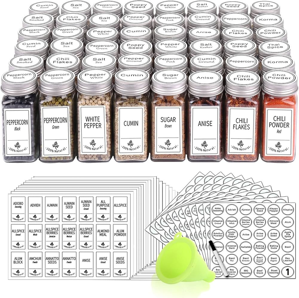 SWOMMOLY 48 Glass Spice Jars with 806 White Spice Labels, Chalk Marker and Funnel Complete Set. S... | Amazon (US)