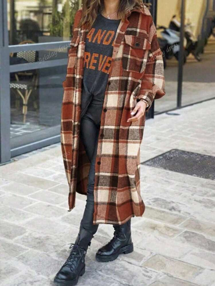 Plus Size Women's Autumn/Winter Clothing, Multi-Color Print Front Button Pocket Casual Long Sleeve Jacket, Suitable For Office, Daily Casual, And Commuting Wear | SHEIN