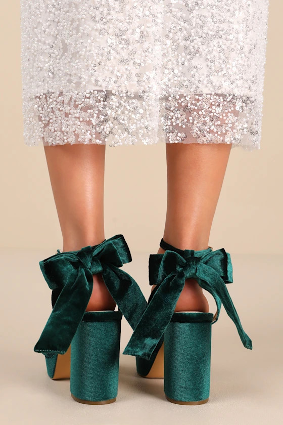 Sassyy Emerald Velvet Bow Platform Ankle Strap Sandals | Lulus