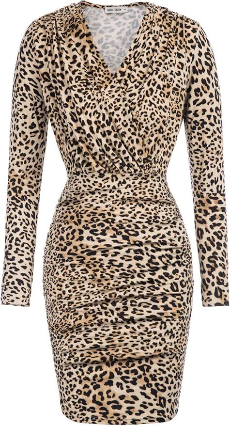 GRACE KARIN Women Retro Long Sleeve Ruched Wrap Party Pencil Dress | Amazon (US)