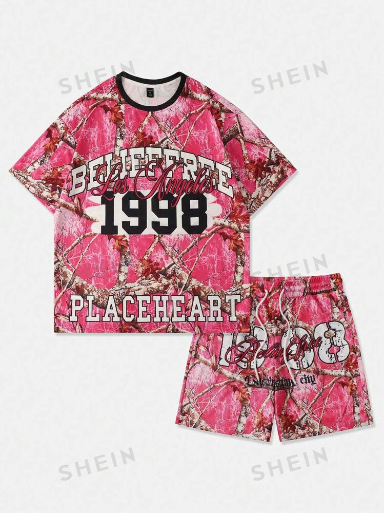 ROMWE Street Life Men's Summer Fashion Dead Tree Branch Printed T-Shirt Shorts Set, School | SHEI... | SHEIN