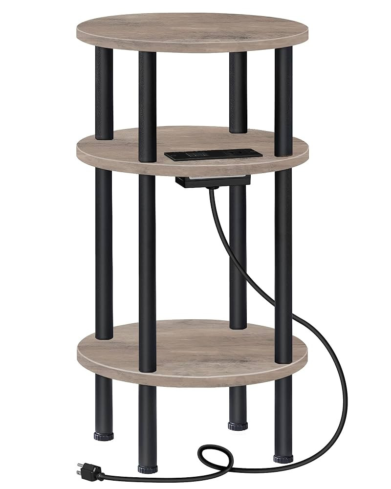Small Round Side Table with Charging Station, Round End Accent Table, 3-Tier Sofa Side Table for ... | Amazon (US)