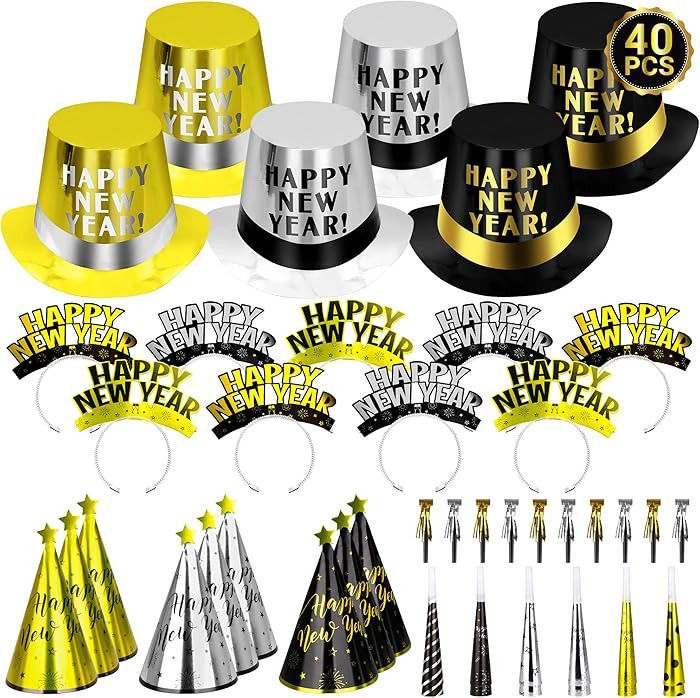 40PCS New Years Eve Party Supplies for 20 Guests, New Years Party Hats Headbands Blowouts Gold Bl... | Amazon (US)