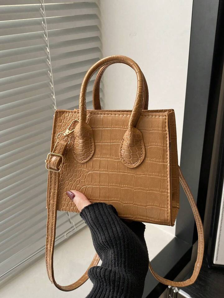 Neue Mode Damen Handtasche Mit Steinstruktur, Mini Quadratische Tasche Mit Doppelgriff, Krokodilleder Umhängetasche Mit Verstellbarem Riemen Für Lässig, Reise, Einkaufen, Umhängetasche Leicht Für Teenager Mädchen, Damen, Studenten, Einsteiger, Büromitarbeiter Perfekt Für Büro, Uni, Arbeit, Business, Pendeln, Draußen, Reise | SHEIN