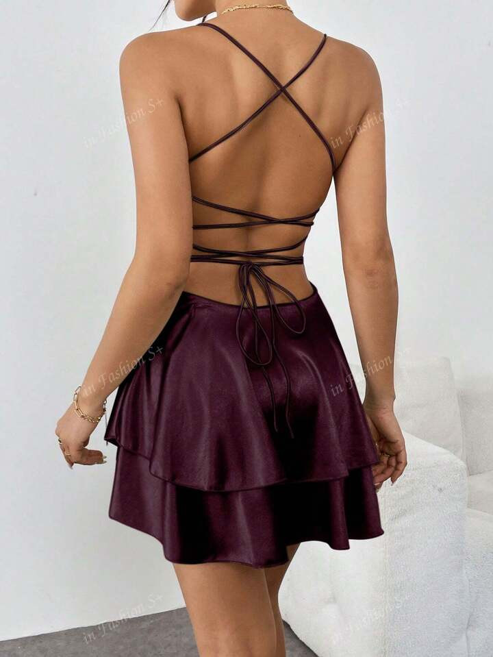 Sexy Backless Tie-Up Pleated Dress, Suitable For Bar, Party, Home, Elegant Versatile European And American Cross-Border Popular Product | SHEIN