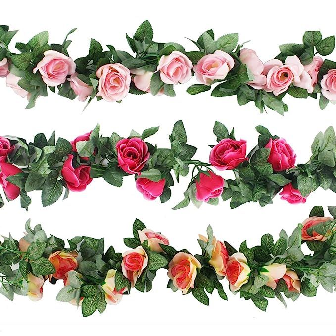 CEWOR 3pcs (22.6 Feet) Artificial Rose Vine Fake Flower Garland for Wedding Home Garden Party Dec... | Amazon (US)