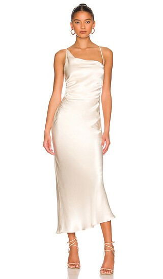 La Lune Asymmetrical Bias Cowl Midi Dress in Cream | Revolve Clothing (Global)