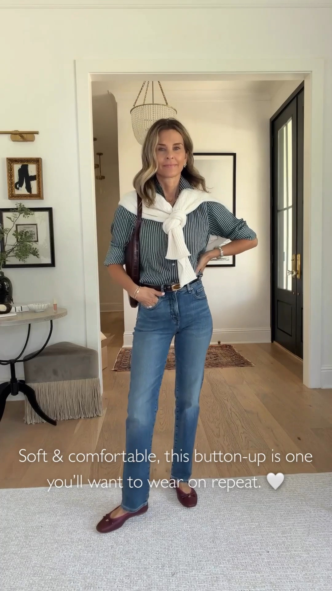 I’m 5’6”
-Jeans TTS
-Silky striped button-up-2

#LTKootd #LTKWorkwear #LTKOver40