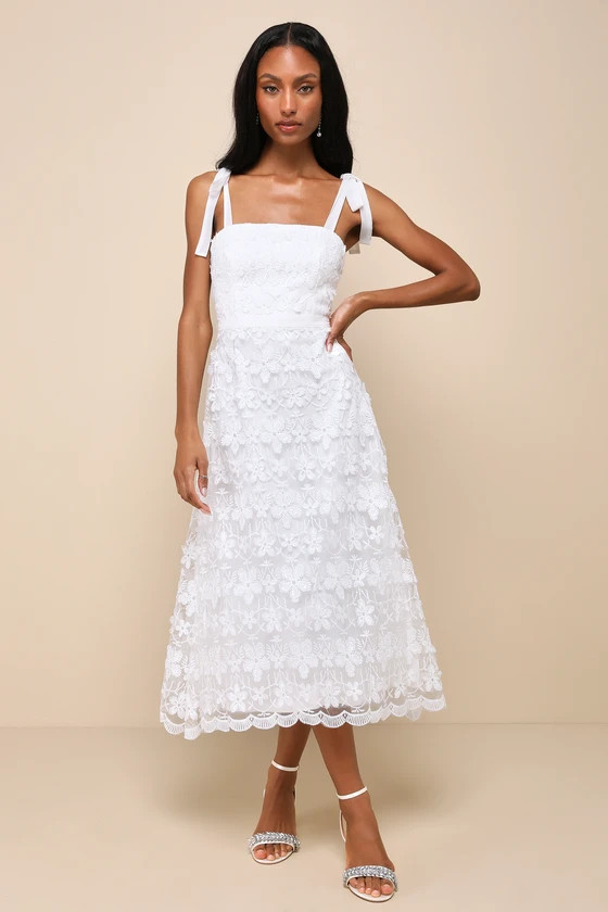 Striking Perfection White Embroidered Tie-Strap Midi Dress | Lulus