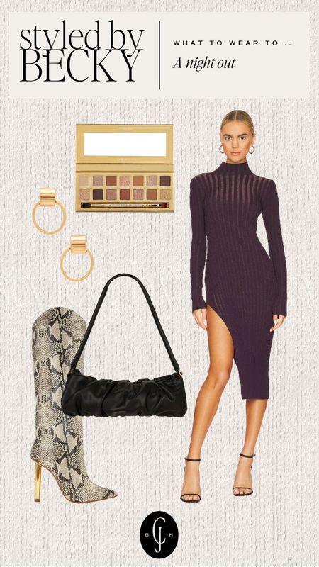 Styled by Becky outfit inspiration for a night out. Dress, boots, clutch, earrings, eyeshadow palette. Cella Jane. #outfitinspiration

#LTKbeauty #LTKstyletip